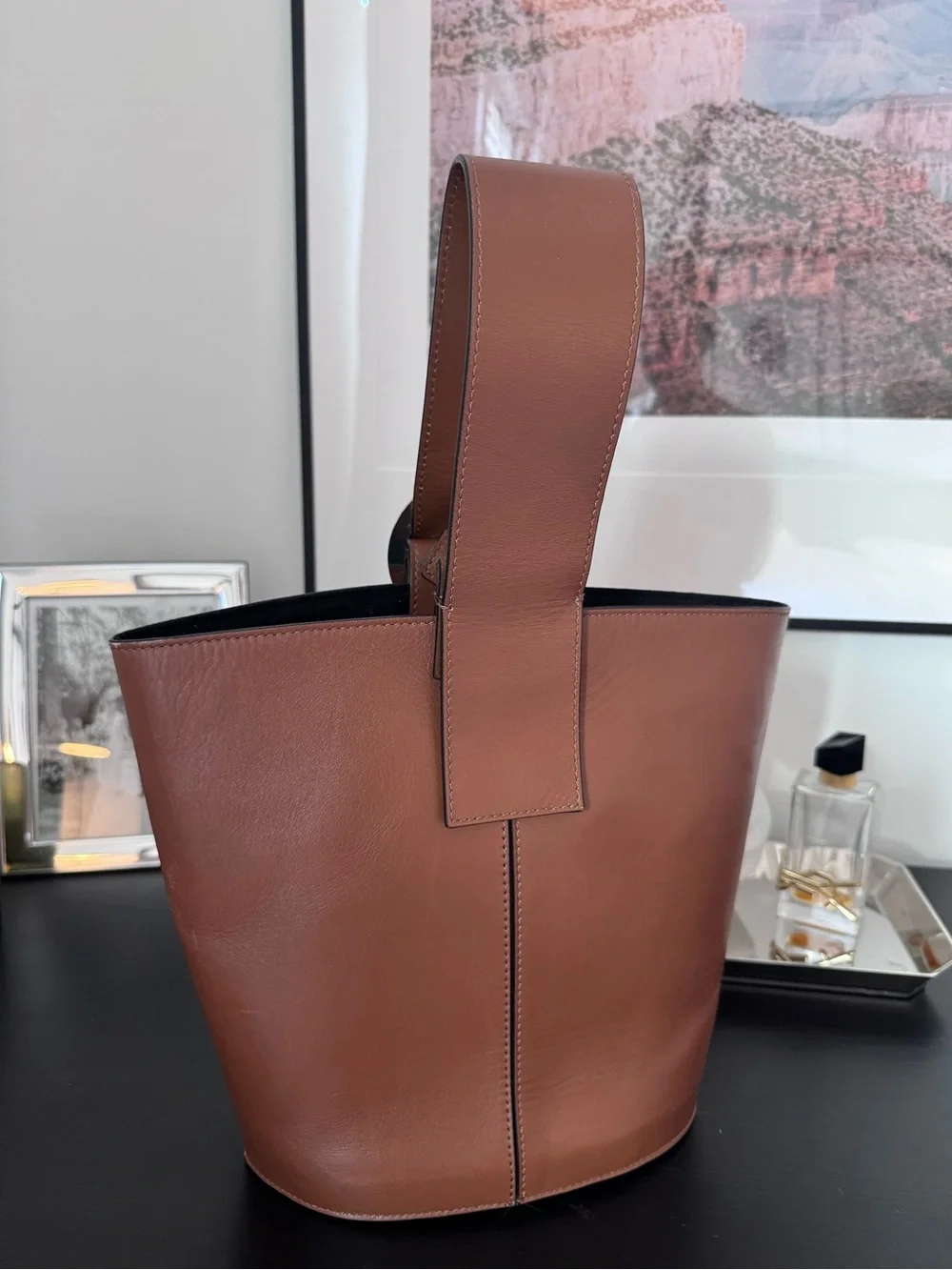 Tara Jarmon Paris Cognac Leather Bucket Tote with Gold Ring